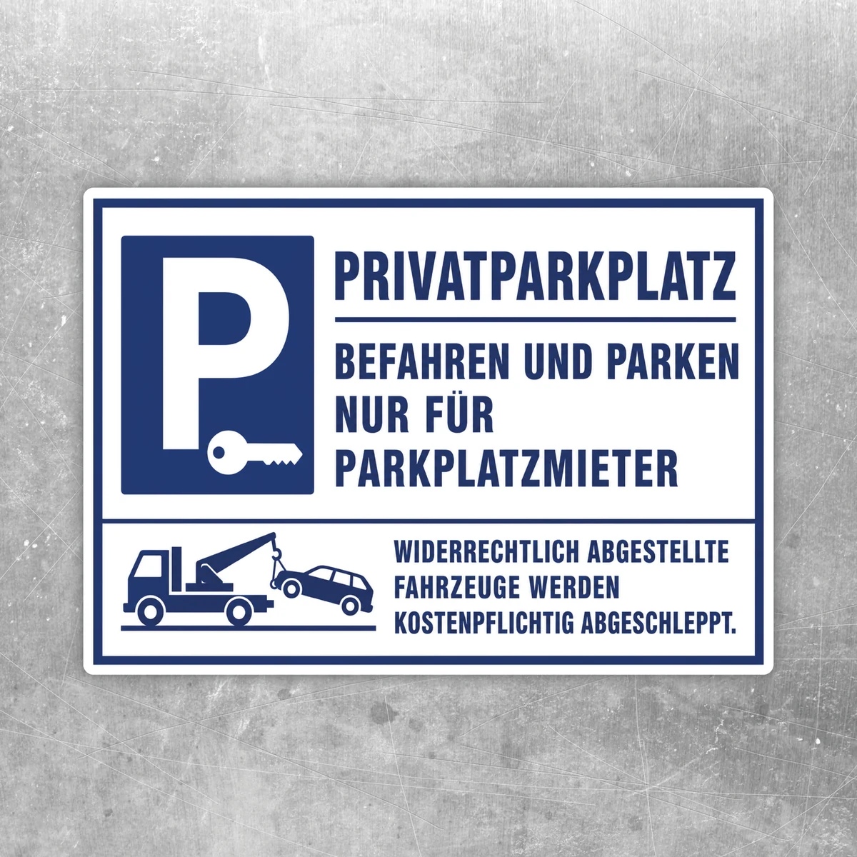Blau-weißer Privatparkplatz Aufkleber mit P-Symbol, Schlüssel und Abschlepphinweis für reservierte Stellplätze.