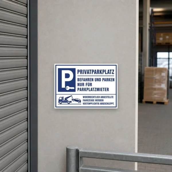 KI-generiertes Anwendungsbeispiel: Blau-weißer Privatparkplatz Aufkleber an einer Einfahrt mit klarem Hinweis für Parkplatzmieter.