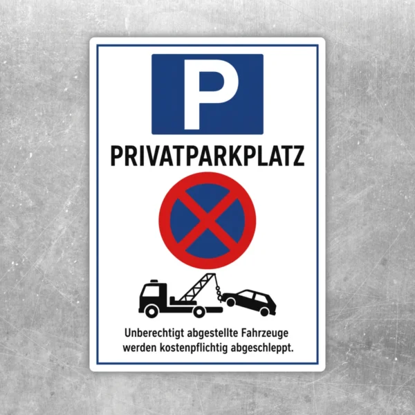 Privatparkplatz Aufkleber mit Parksymbol, Abschlepphinweis und rotem Verbotssymbol für reservierte Stellplätze.