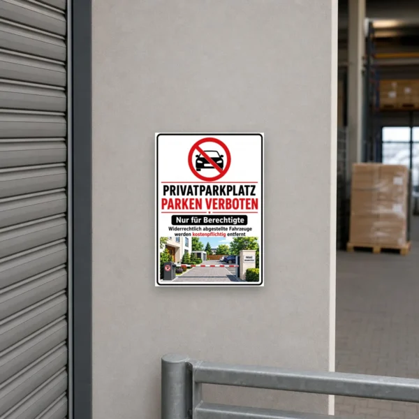 KI-generiertes Anwendungsbeispiel: Privatparkplatz Schild mit Text „befahren und parken nur für Parkplatzmieter“ als blau-weißes Parkplatzschild an einer Einfahrt.