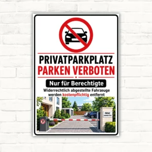 Privatparkplatz Schild mit „Parken verboten“, durchgestrichenem Auto und Hinweis „Nur für Berechtigte“ als bedrucktes Schild.