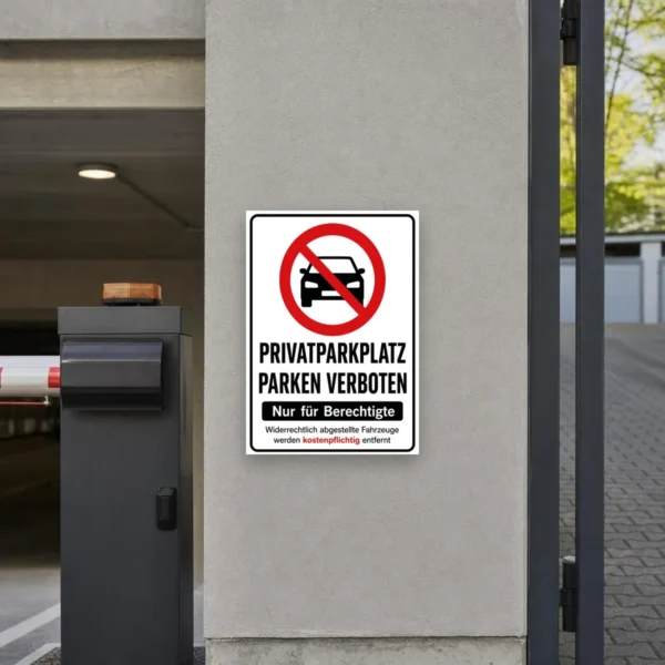 KI-generiertes Anwendungsbeispiel: Privatparkplatz parken verboten Aufkleber an einer Zufahrt mit rotem Verbotssymbol.