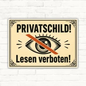 Privatschild mit großem Auge und dem Text „Lesen verboten!“ als bedrucktes Hinweisschild in Retro-Optik.