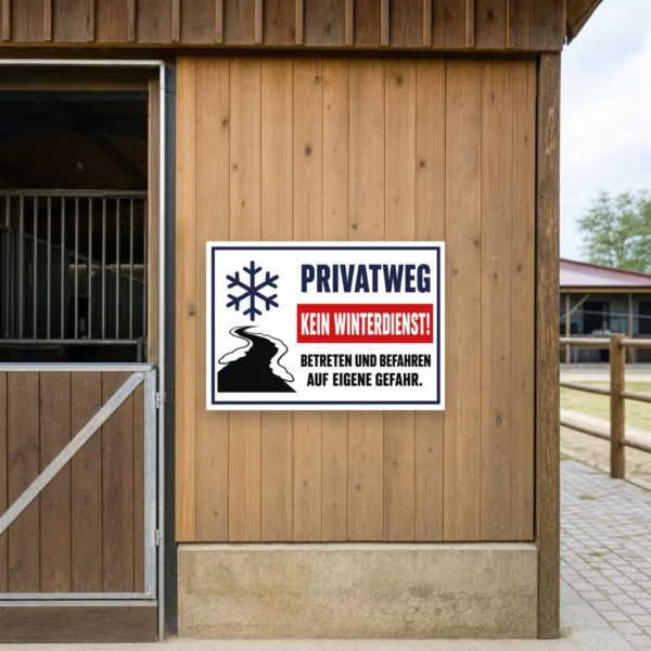 KI-generiertes Anwendungsbeispiel: Privatstraße-Schild mit gelbem Hintergrund, Parken verboten, Wenden verboten und Betreten verboten als robustes Verbotsschild am Zaun.
