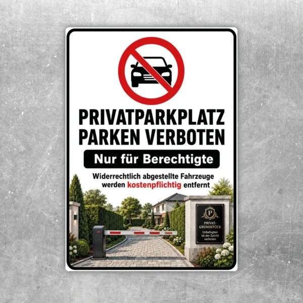 Privatparkplatz parken verboten Aufkleber mit rotem Verbotssymbol und Zufahrt-Motiv auf weißem Hintergrund.