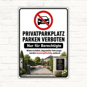 Privatparkplatz Parken verboten Schild mit rotem Verbotssymbol, Auto und dem Hinweis Nur für Berechtigte.