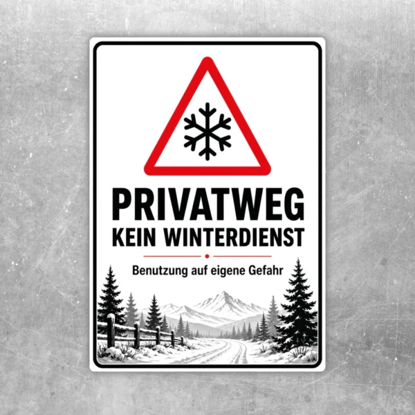 Privatweg kein Winterdienst Aufkleber mit Warnsymbol, Schneeflocke und klarer Beschriftung für die Einfahrt.