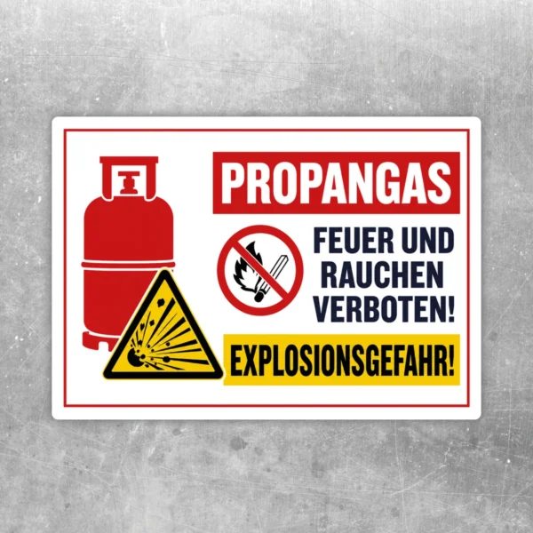 Propangas Feuer und Rauchen verboten Aufkleber mit Gasflasche, Verbotszeichen und Explosionsgefahr in Rot, Gelb und Schwarz.