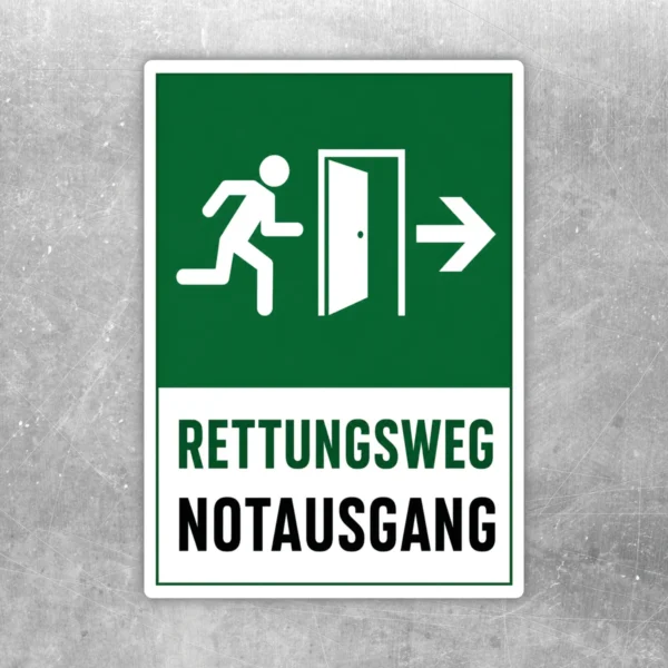 Rettungsweg Notausgang rechts Aufkleber mit grünem Piktogramm, weißer Tür und Pfeil nach rechts auf weißem Rand.