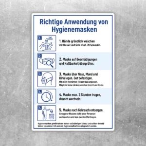 Richtige Anwendung von Hygienemasken Aufkleber mit Schritt-für-Schritt-Anleitung in Blau und Weiß für Innenbereiche.