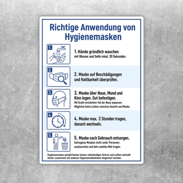 Richtige Anwendung von Hygienemasken Aufkleber mit Schritt-für-Schritt-Anleitung in Blau und Weiß für Innenbereiche.