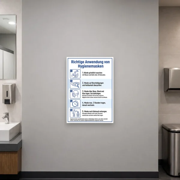 KI-generiertes Anwendungsbeispiel: Hygienemasken Schild zur Erklärung der richtigen Anwendung mit klaren Piktogrammen und blauem Text.