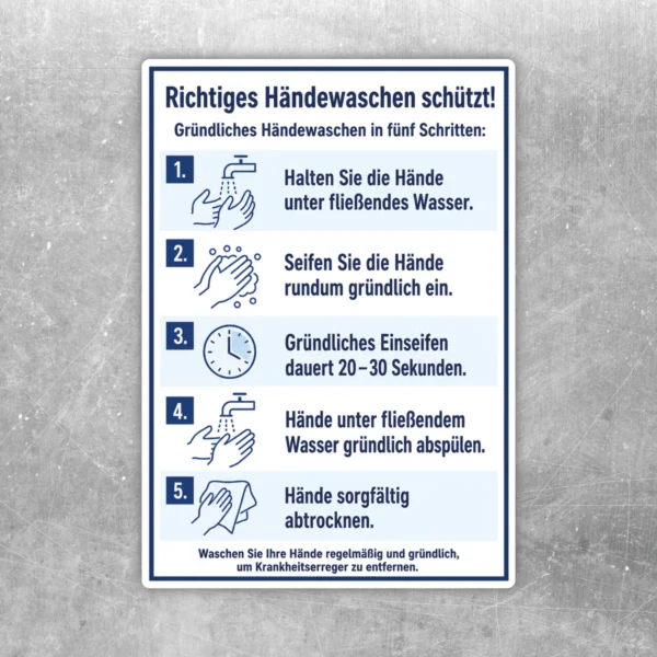 Bedruckter Aufkleber mit Anleitung zum richtigen Händewaschen in fünf Schritten in Blau, Weiß und Hellblau.