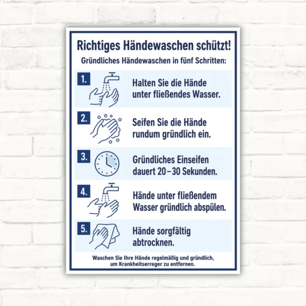Schild mit fünf Schritten zum richtigen Händewaschen: Wasser, Seife, Einwirkzeit, Abspülen und Abtrocknen.