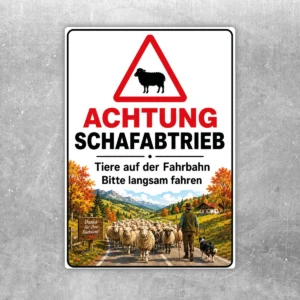 Achtung Schafabtrieb Aufkleber mit Warnsymbol, Schafmotiv und Hinweis auf Tiere auf der Fahrbahn im Hochformat.