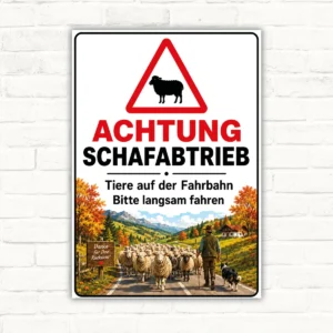 Achtung Schafabtrieb Schild mit Warn-Dreieck, Schaf-Silhouette und Hinweis auf Tiere auf der Fahrbahn.