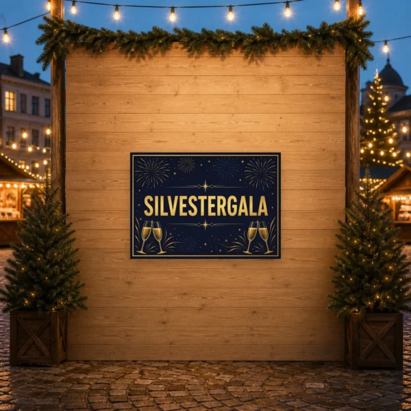 KI-generiertes Anwendungsbeispiel: Silvestergala Schild mit Feuerwerk und Sektgläsern als dekoratives Veranstaltungsschild am Eingang.