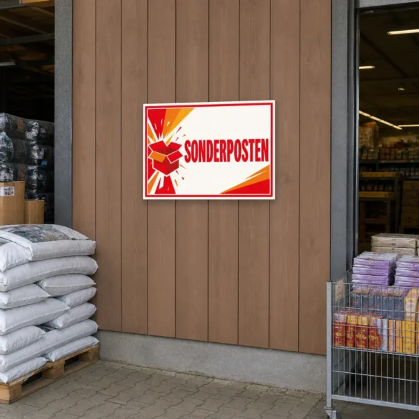 KI-generiertes Anwendungsbeispiel: Sonderposten Verkaufsschild Aufkleber in Rot, Orange und Weiß für Aktionsfläche und Restpostenbereich.