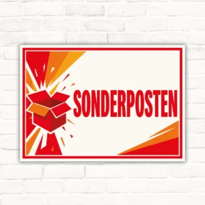 Sonderposten Verkaufsschild mit roter Aufschrift und Box-Motiv als bedrucktes Hinweisschild für Angebote.