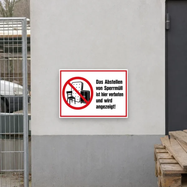 KI-generiertes Anwendungsbeispiel: Querformatiger Sperrmüll abstellen verboten Aufkleber an einer Hauswand mit rotem Verbotssymbol und schwarzem Text.
