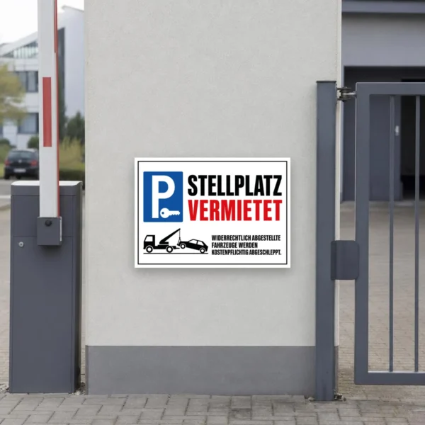 KI-generiertes Anwendungsbeispiel: Parkplatzschild „Stellplatz vermietet“ mit Abschlepphinweis an einer privaten Einfahrt, gut sichtbar montiert.