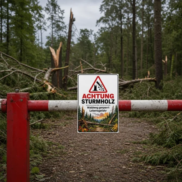 KI-generiertes Anwendungsbeispiel: Warnschild Sturmholz an einem gesperrten Waldweg mit umgestürzten Bäumen und klarer Lebensgefahr-Botschaft.