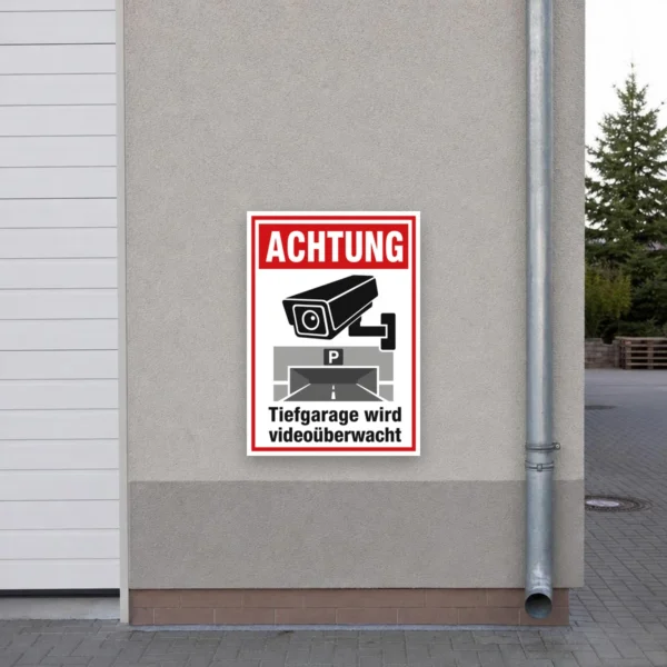 KI-generiertes Anwendungsbeispiel: Bedrucktes Hinweisschild mit „Tiefgarage wird videoüberwacht“ und Kamerasymbol für die Einfahrt.