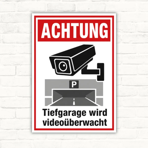 Bedrucktes Schild mit rotem Achtungsfeld, Kamerasymbol und Text „Tiefgarage wird videoüberwacht“ als Hinweisschild.