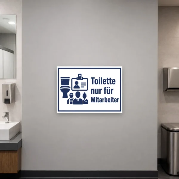 KI-generiertes Anwendungsbeispiel: Blaues Schild „Toilette nur für Mitarbeiter“ an der Tür eines Personal-WCs im Betrieb.