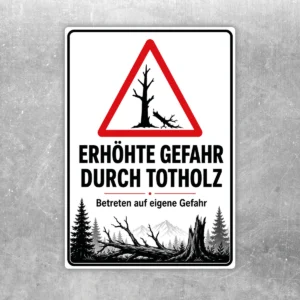 Totholz Warnschild Aufkleber mit rotem Warn-Dreieck und der Aufschrift Erhöhte Gefahr durch Totholz.