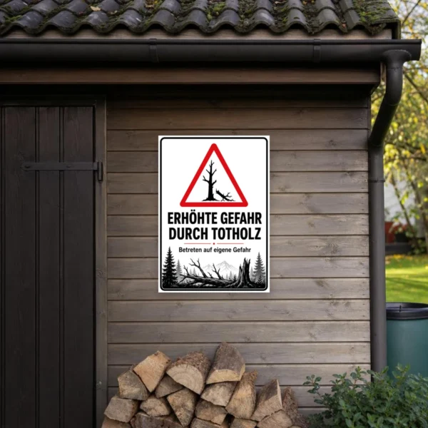 KI-generiertes Anwendungsbeispiel: Totholz Warnschild mit rotem Warn-Dreieck und dem Text „Erhöhte Gefahr durch Totholz“ an einem Waldweg.