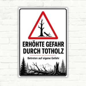 Totholz Warnschild mit rotem Warn-Dreieck und Text „Erhöhte Gefahr durch Totholz“ als wetterfestes Schild.