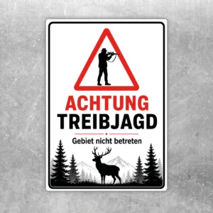 Treibjagd Warnschild Aufkleber mit rotem Warnsymbol, Jägersilhouette und Hinweis „Gebiet nicht betreten“