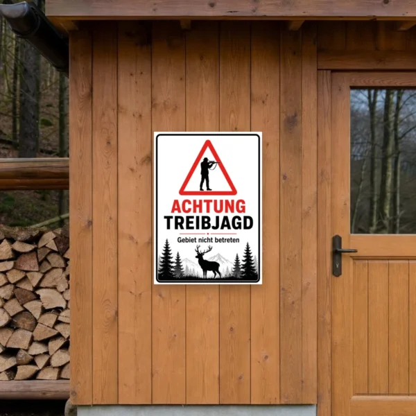 KI-generiertes Anwendungsbeispiel: Treibjagd Warnschild als UV-beständiges Schild mit „ACHTUNG TREIBJAGD – Gebiet nicht betreten“ für den Reviereingang.