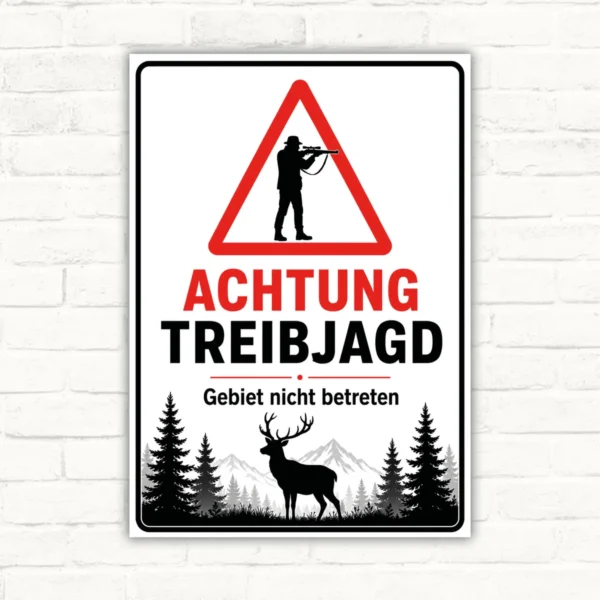 Treibjagd Warnschild mit rotem Warn-Dreieck, Jägersilhouette und dem Text „ACHTUNG TREIBJAGD – Gebiet nicht betreten“.