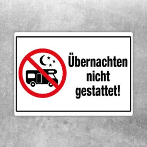Übernachten nicht gestattet Aufkleber mit rotem Verbotssymbol und Wohnmobil-Motiv für Stellplätze.