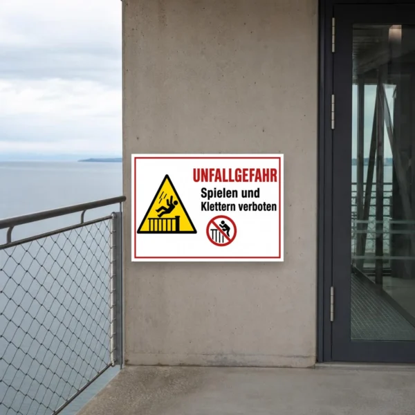 KI-generiertes Anwendungsbeispiel: Unfallgefahr Schild mit „Spielen und Klettern verboten“ als robustes Warnschild für einen gesperrten Bereich.