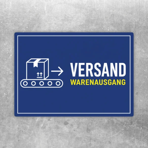 Blauer Versand Warenausgang Aufkleber mit weißem Kartonsymbol, Pfeil und gelber Beschriftung für den Versandbereich.