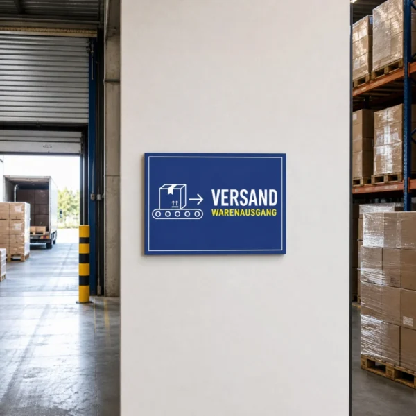KI-generiertes Anwendungsbeispiel: Blauer Versand Warenausgang Aufkleber mit Kartonmotiv und gelbem Text an einer Lagerwand.
