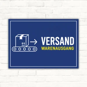 Versand Warenausgang Schild mit Paket- und Pfeilsymbol sowie weiß-gelber Beschriftung auf blauem Hintergrund.