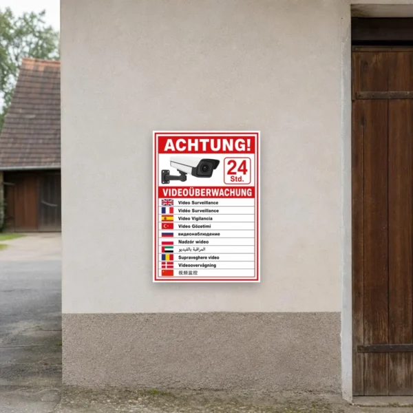 KI-generiertes Anwendungsbeispiel: Videoüberwachung Aufkleber 24 Std. in 10 Sprachen an einer Glastür mit klarer Warnwirkung.