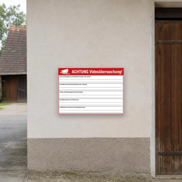 KI-generiertes Anwendungsbeispiel: Videoüberwachung Informationsschild als bedrucktes Schild mit roter Warnzeile und DSGVO-Textfeldern am Eingang.