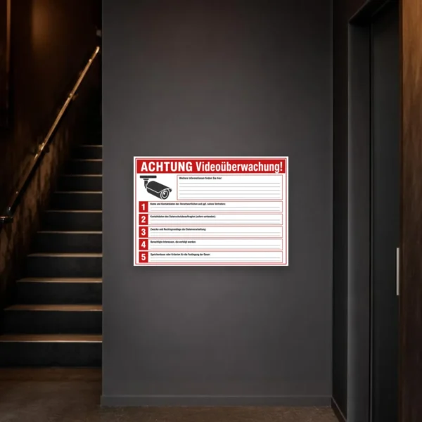 KI-generiertes Anwendungsbeispiel: Videoüberwachung DSGVO Schild mit Kamera-Symbol und Informationsfeldern an einem Firmeneingang.