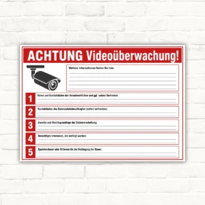 Videoüberwachung DSGVO Schild mit Kamera-Symbol und Feldern für weitere Informationen, rotes Warnmotiv auf weißem Hintergrund.