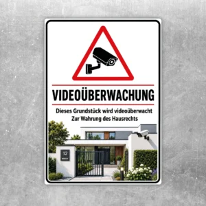 Videoüberwachung Aufkleber mit Kamera-Symbol, rotem Warn-Dreieck und dem Hinweis auf ein videoüberwachtes Grundstück.