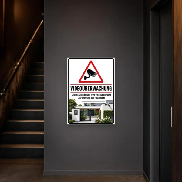 KI-generiertes Anwendungsbeispiel: Videoüberwachung Aufkleber an einem modernen Hauseingang mit klar sichtbarem Hausrecht-Hinweis.