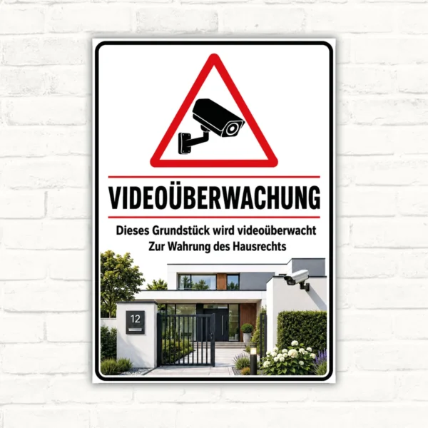 Videoüberwachungsschild mit Kamerasymbol und Text „Dieses Grundstück wird videoüberwacht zur Wahrung des Hausrechts“ als Warnschild.
