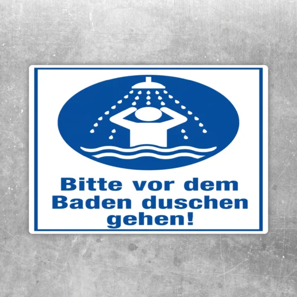 Blau-weißer Bitte vor dem Baden duschen gehen! Aufkleber mit Duschsymbol und klarer Hinweisaussage für Bad und Wellness.