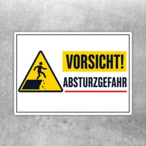 Warnaufkleber Vorsicht Absturzgefahr mit gelbem Dreieck, schwarzem Piktogramm und rotem Akzent auf weißem Hintergrund