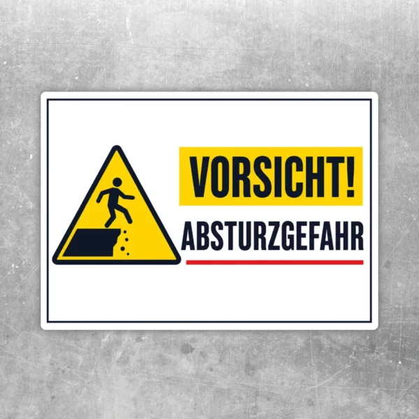 Warnaufkleber Vorsicht Absturzgefahr mit gelbem Dreieck, schwarzem Piktogramm und rotem Akzent auf weißem Hintergrund